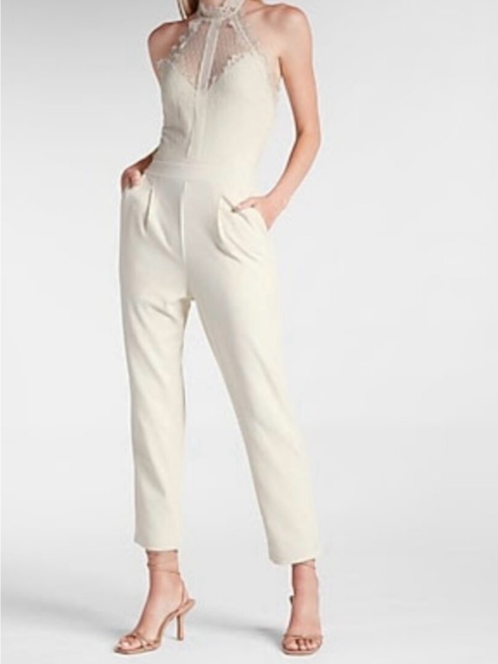 Express Cream Lace Halter Jumpsuit